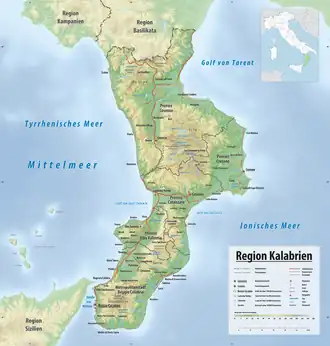 Carte topographique de Calabre avec la Sila au centre.