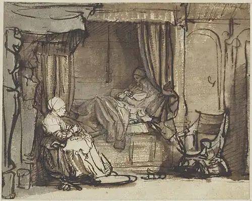 Rembrandt, Intérieur avec Saskia alitée, dessin, 142&nbsp;×&nbsp;177&nbsp;mm, vers 1640. Acquis en 1919.