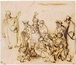 Dessin représentant le Christ les mains levées, prêchant devant une assemblée, sans décors.
