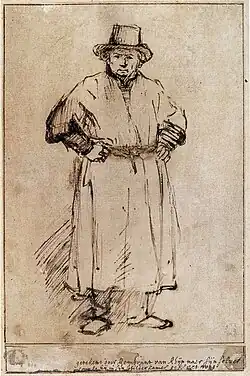 Dessin à l'encre noire sur papier sepia. Un homme est représenté complètement en pied, avec une tenue de travail et un chapeau, les mains sur les hanches.