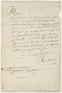 Rembrandt, lettre à Contantijn Huygens, Amsterdam, janvier 1639. Acquise en 1918.
