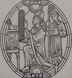 Carton en noir et blanc d'un vitrail ; un évêque agenouillé présente une verrière.