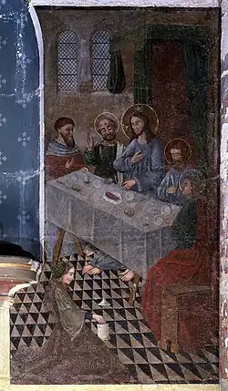 À gauche, une jeune femme est agenouillée, les mains jointes, menacée par trois hommes au bord de l'eau. Au centre de l'image, cette même jeune femme prend le bateau en compagnie de trois hommes. En arrière-plan, une ville fortifiée près de laquelle une petite embarcation contenant deux hommes sont visibles.