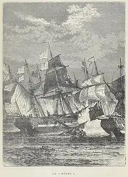 Le Héros endommagé au combat. Dessin imaginaire de 1884 (le vaisseau est représenté avec un seul pont).