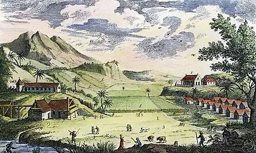 Vue idéalisée d'une habitation sucrière antillaise en 1762. 1 : maison du maître, « grand'case », 2 : habitations regroupées des esclaves, « rues cases-nègres », d'ordinaire flanquées des « jardins à nègre », 3 : terrain non cultivé et prairie, « savane », 5 : champs de canne, « jardin ». 6 à 12 : installations sucrières.