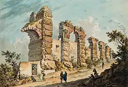 Peinture du XVIIIe siècle représentant les ruines d'arches en maçonnerie de grand appareil, esquissant le début d'un pont ruiné.