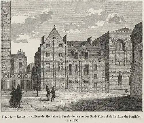 Restes du collège de Montaigu à l'angle de la rue des Sept-Voies et de la place du Panthéon (vers 1850).