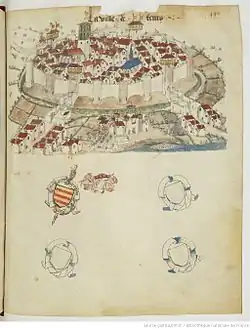 La ville de Feurs dans l'armorial de Guillaume Revel, vers 1450.