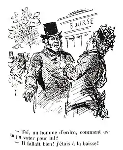 Caricature de presse montrant une dame offusquée et un homme à l'air penaud devant le Palais Brongniart.