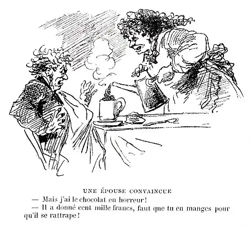 Caricature de presse montrant une femme qui verse le contenu d'une bouilloire dans une tasse posée devant un homme à l'air dégoûté.