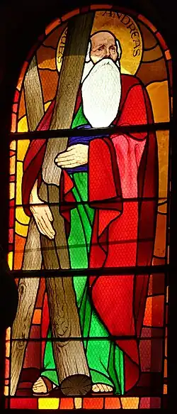 San Andreas, vitrail sur carton de Gabriel Girodon, 1935, église Notre-Dame-de-la-Paix, Ribérac, Dordogne