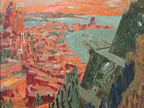 « Le soleil s'abaissait derrière les flots ; ses rayons arrivaient comme de longues flèches sur le cœur tout rouge. L'astre s'enfonçait dans la mer à mesure que les battements diminuaient ; à la dernière palpitation, il disparut. » Peinture de Richard Burgsthal, début du XXe&nbsp;siècle.