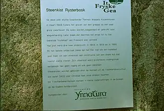 Panneau d'information à l'emplacement du cercueil en pierre de Rijs dans le Rijsterbos (nl) soutenu par la fondation Il Fryske Gea (nl)