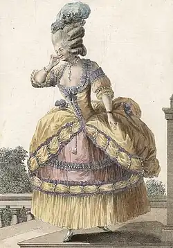 Gravure de mode, Robe circassienne ornée de perles, rubans et ruchés mauves.