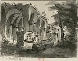Tombeaux dans les ruines, croquis préparatoire pour le tableau 2 de l'acte III de Robert le Diable (1831).