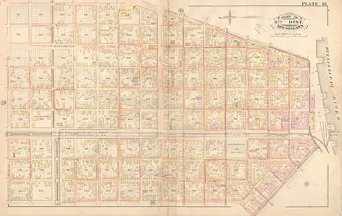 Plan cadastral du Faubourg Marigny bordant le Mississippi (1883)