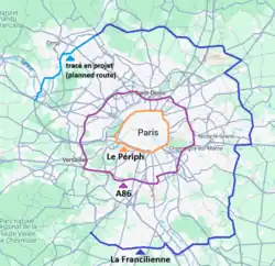 carte des trois principales ceintures de Paris : le Périphérique, A86 et la Francilienne