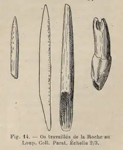 Fig. 14, Os travaillés :no&nbsp;1 - poinçon ; no&nbsp;2 : baguette en bois de renne ; no&nbsp;3 - dent de bison percée