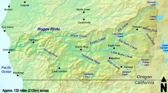 Carte du bassin versant du fleuve Rogue ; le Crater Lake est au nord-est.