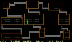 Un écran de jeu avec des rectangles rouges et des points bleus, un personnage minimaliste se déplaçant dedans.