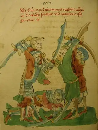 Illustration du Moyen Âge montrant deux chevaliers tenant de grandes épées, combattant contre d'autres guerriers.