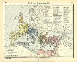 Carte de l'Empire romain avec les différents diocèses en 395 après Jésus-Christ. Les capitales des diocèses sont aussi mentionnées.