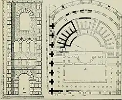 Plan du théâtre romain d'Aoste : porte centrale au fond d’une exèdre.
