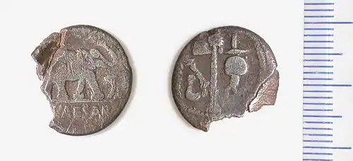 Denier de Jules César, frappé entre 49 et 48 av. J.-C. Au droit, emblèmes pontificaux (culullus, aspergillum, hache et apex). Au revers, un éléphant à droite, piétinant un serpent (Crawford, Roman Republican Coinage, 443/1).
