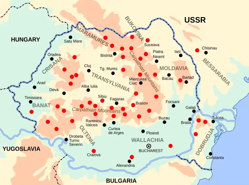 Carte de la Roumanie indiquant par des points rouges les principaux points de résistance armée.