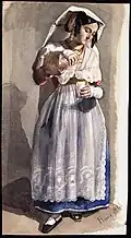 "Rome 1843. Femme en costume folklorique." Aquarelle 1843.