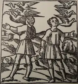 Photographie en noir et blanc d'une gravure représentant deux jeunes hommes dans un paysage méditerranéen, observant le vol d'oiseaux au-dessus d'eux.