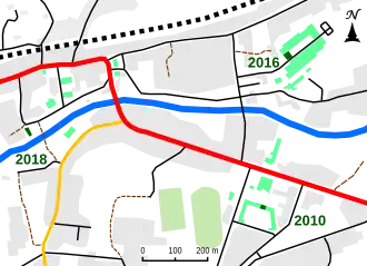 Carte du centre-ville, où les bâtiments desservis par les chaufferies bois apparaissent en vert.