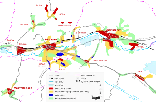 Vue d'une carte en couleur représentant les étapes de développement du bâti.