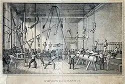 Illustration en noir et blanc d'un gymnase. De nombreux personnages réalisent divers exercices de gym, du sol au plafond.
