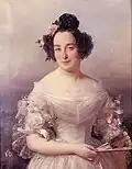 Portrait de Rose Gourreau de Chanzeaux par Hortense Haudebourt-Lescot, vers 1840, avec en arrière-plan le château de Chanzeaux avant les travaux qui lui donnèrent son aspect néo-gothique.