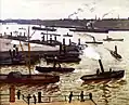 Peinture représentant des quais autour d'un port sillonné de navires sombres et de fumées