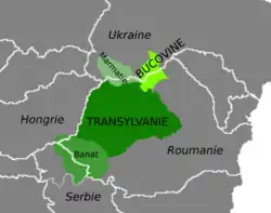Carte où apparaissent la Transylvanie (vert foncé), le Banat et la Marmatie (vert clair) et la Bucovine (vert fluo).