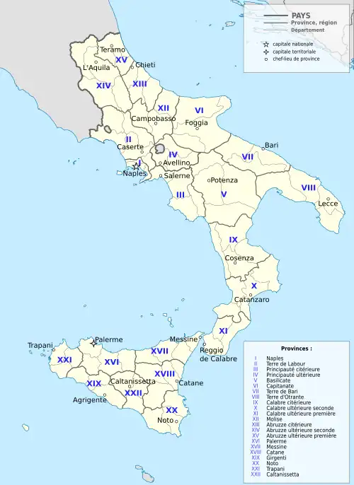 Carte du sud de l'Italie (partie péninsulaire et Sicile) divisée entre les différentes parties du royaume