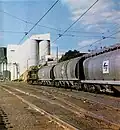 Un train de blé approchant du terminal céréalier en 1977.