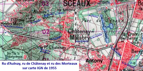 Ensemble hydraulique des rus d'Aulnay, de Châtenay et des Morteaux sur carte de 1955