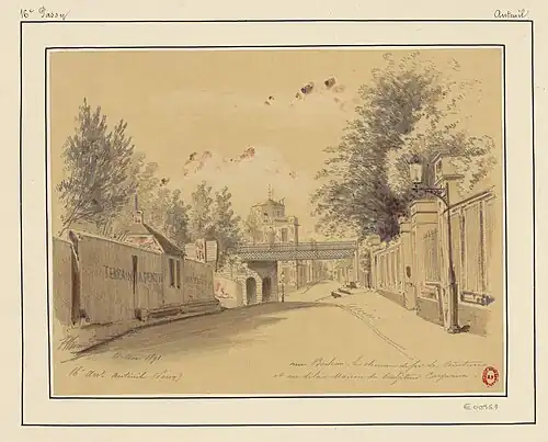 La rue Boileau en 1891, avec le pont du chemin de fer de ceinture (dessin de Jules-Adolphe Chauvet).