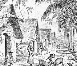 Rue Cases-nègres d'une habitation sucrière, vers 1830, Martinique.