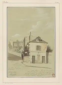No&nbsp;23 : vue du coin avec la rue des Arènes en 1896 (dessin de Jules-Adolphe Chauvet).