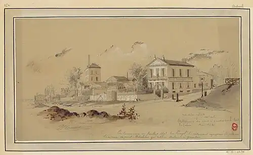 La rue de la Galiote en 1884. On aperçoit à gauche la pompe d'Auteuil, aujourd'hui le pavillon de l'eau (dessin de Jules-Adolphe Chauvet).