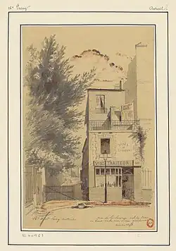 Le rétrécissement de la rue au niveau de la rue de la Source en 1893 (dessin de Jules-Adolphe Chauvet).