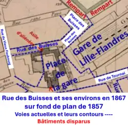 Rue des Buisses en 1867 sur fond de plan de 1857 représentant la gare de 1845