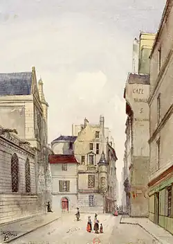 En 1849. À gauche, le presbytère de l'église Saint-Germain-l'Auxerrois. À droite, le Momus.