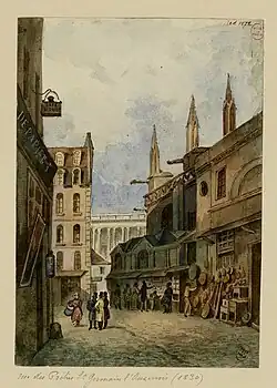 En 1830 : à droite, les boutiques collées à l'église Saint-Germain, au fond le Louvre (dessin de Charles-Louis Lesaint).