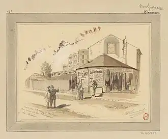 Le coin avec l'avenue du Maine en 1870 (dessin de Jules-Adolphe Chauvet).