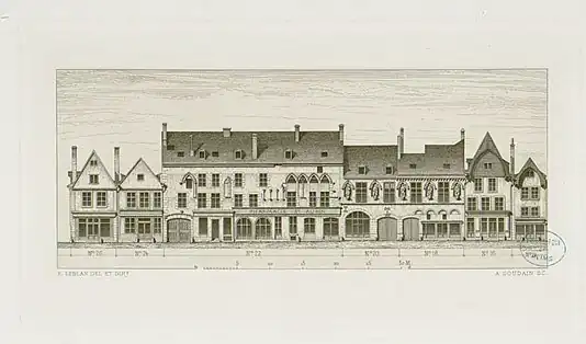 Dessin de la face est de la rue (nos 14 à 26) avec la Maison des Musiciens